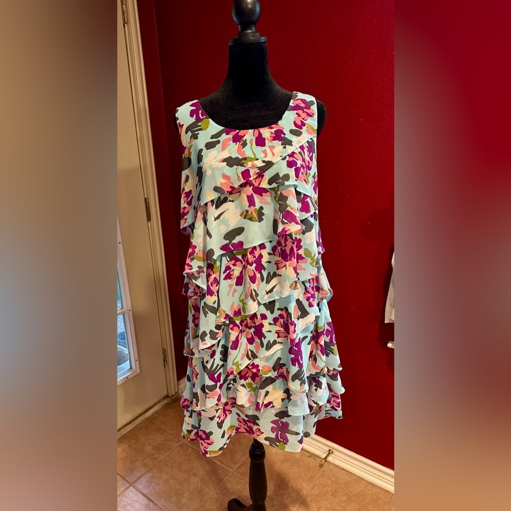 Nicole Miller Mint Floral Tiered Ruffle Dress with Pink and Green Print